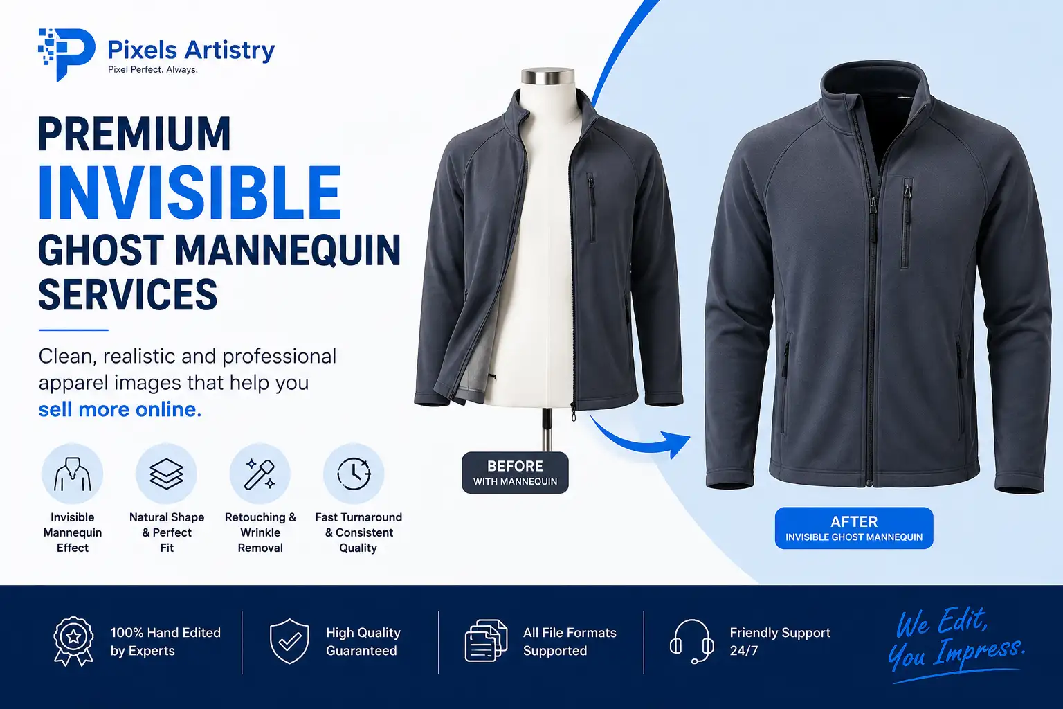 Get Premium Invisible Ghost Mannequin Services with Pixels Artistry
